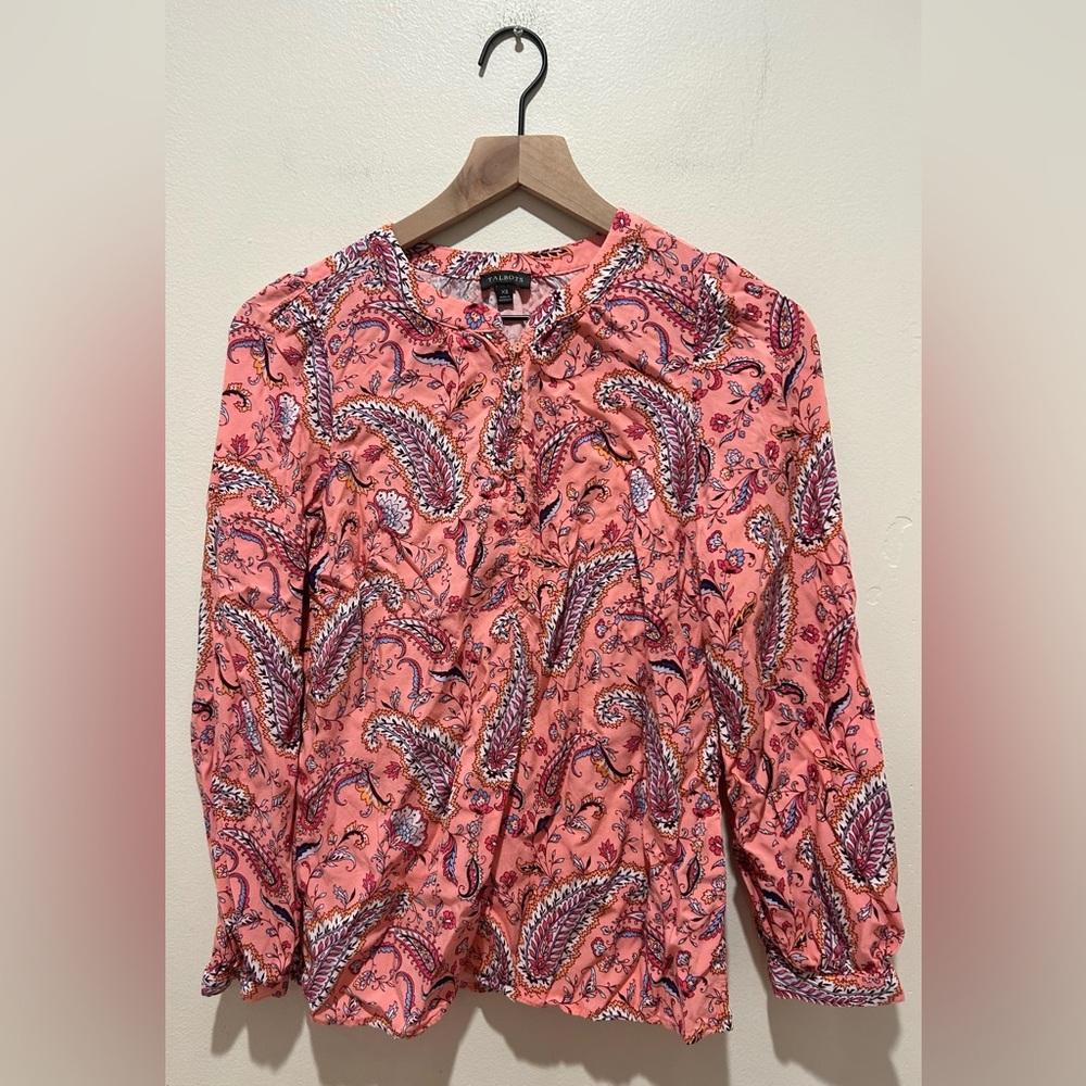 Talbots Band Collar Popover Dancing Paisley Pink Blouse Top - Women’s Size XS